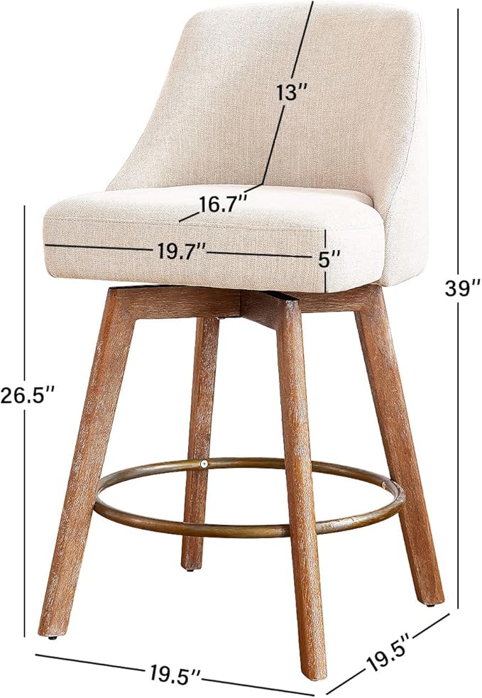 Mid Century Modern Counter Height bar stools Set of 2，360° Swivel barstools with Solid Wood Legs，26'' Island Chairs with Wrap-Around Backrest，Beige Linen Comfort Fabric