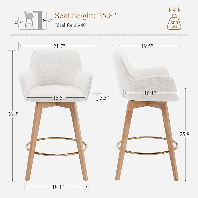 Counter Height Swivel Bar Stools, Boucle Upholstered Bar Stools with Back, Arms, Solid Wooden Legs, 26 Inch Chairs for Kitchen Island, Home Pub, Cafe, 2 Pcs, White