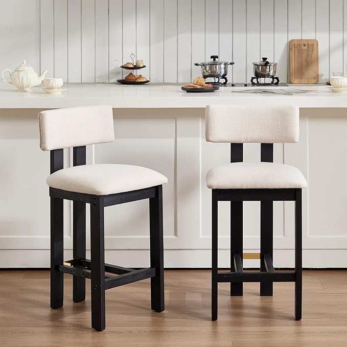 26' Counter Stools Set of 4 Modern Farmhouse Linen Upholstered Kitchen Bar Stools with Back and Black Solid Wood Legs, Beige