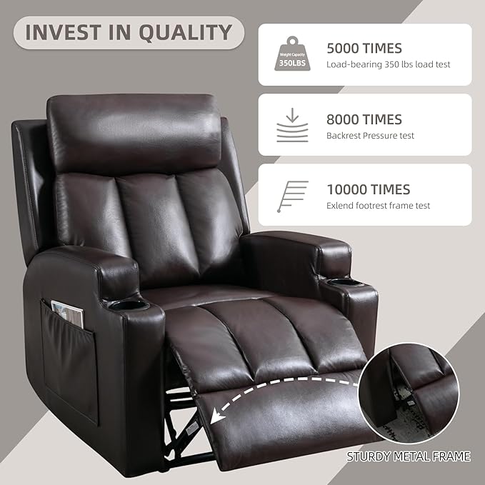 Phoenix Home Manual Recliner Chair Set of 2 with Massage and Heat, Ergonomic Overstuffed Faux Leather Recliner Single Sofa with 2 Cup Holders, Living Room Lounge Recliners on Clearance, Brown