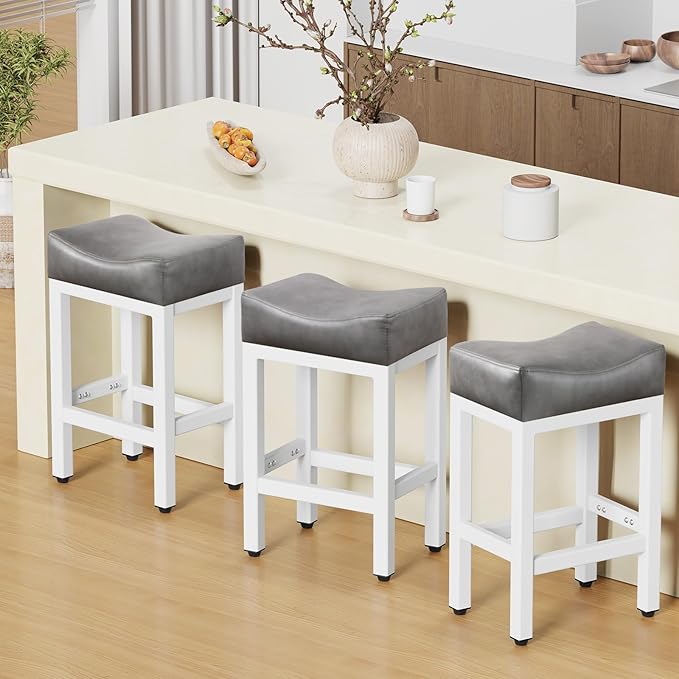 Counter Height Bar Stools Set of 3, 24 Inch Barstools for Kitchen Island Counter, Bonded Leather Kitchen Stools with Thick Saddle Seats & Heavy Duty Metal Base, Easy Assembly, Gray/White