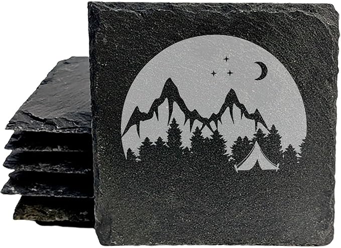 Mountain Majesty Slate Coasters with Stunning Mountain Scene Design - Perfect for Home and Office Decor and Protection of Surfaces, Available in Square or Round Coasters - Square Slate - Set of 6