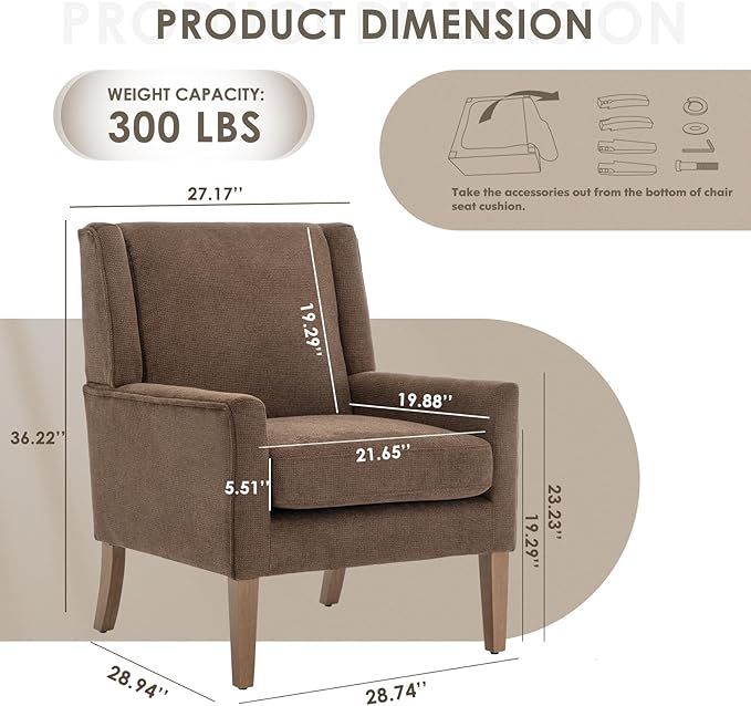 COLAMY Modern Wingback Living Room Chair, Upholstered Fabric Accent Armchair, Single Sofa Chair with Lounge Seat and Wood Legs for Bedroom/Office/Reading Spaces, Brown
