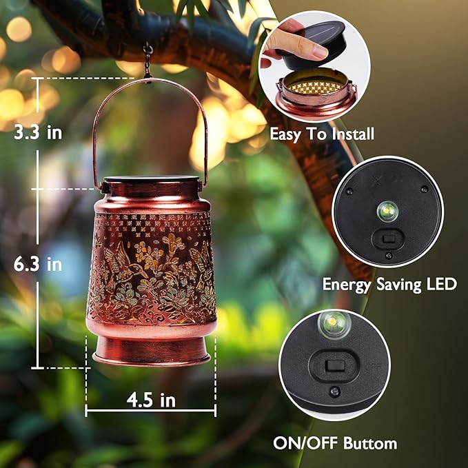 Homemory Solar Lanterns Hummingbird Lights Outdoor Waterproof Garden Decor Women Gifts for Birthday, LED Hanging Solar Lights Metal Lantern Decoration Outside for Yard, Patio, Backyard, Porch, Lawn