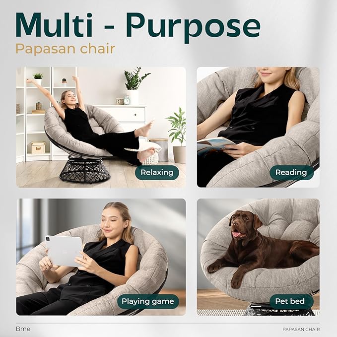 Bme 40" Ergonomic Wicker Papasan Chair with Soft Thick Cushion & Frame, 360° Swivel, Circle, Reading, Comfy Chair for Living Room, Bedroom