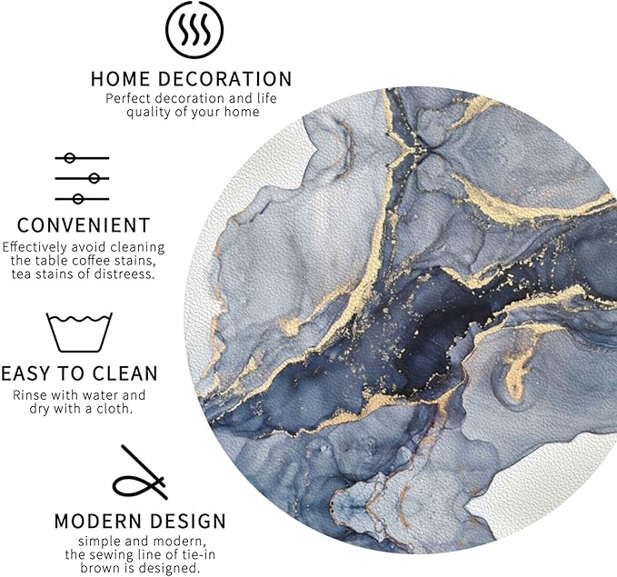 Navy Blue Gold Marble Coasters Set of 6 Coasters for Drinks Absorbent Double-Sided Leather PVC Coaster for Tabletop Protection Coffee Table Decor Ideal for Home Decor House Warming Gifts