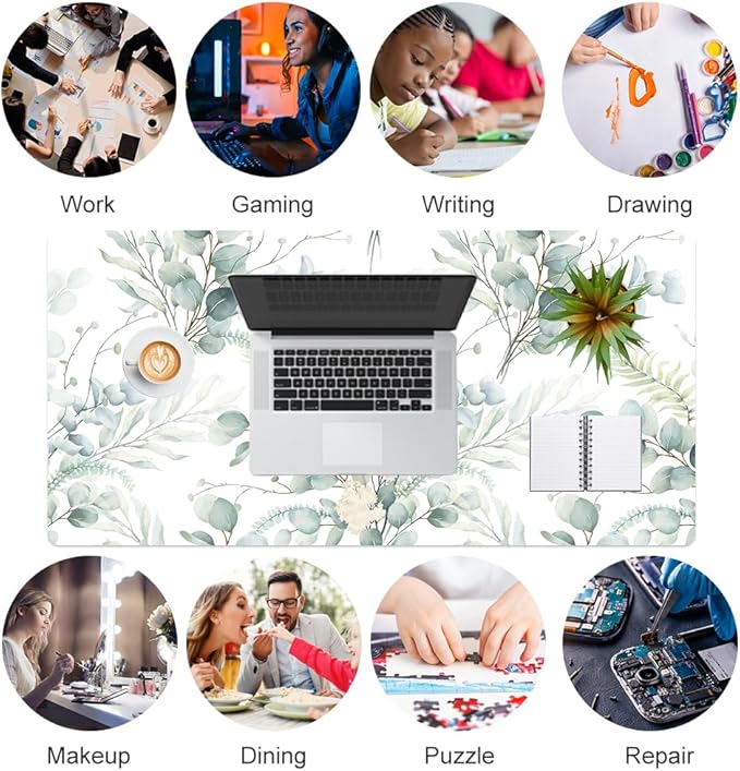 QIYI Large Mouse Pad for Desk, Cute Desk Mat for Desktop, Women Girls Green Office Décor Desk Accessories, PU Leather Waterproof Gaming Mousepad, Eucalyptus Leaf Desk Pad Computer Mat, 31.5" x 15.7"