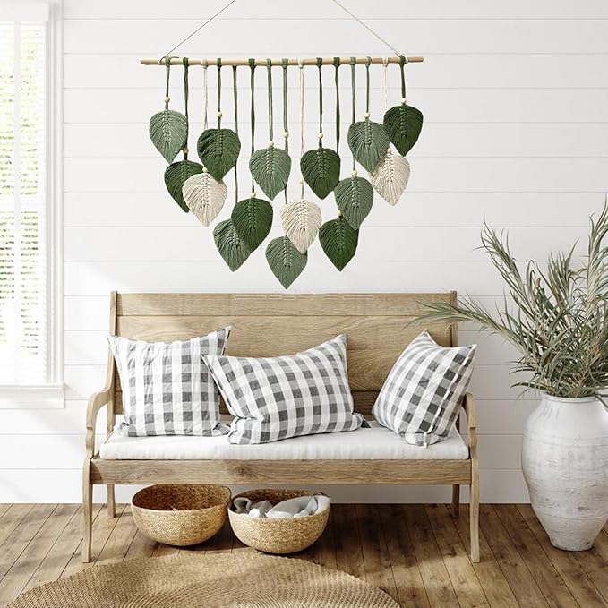 MSFENG Wall Hanging Decor Leaves Tapestry Boho Wall Decor Woven Feather Handmade Yarn Tassels Woven Wall Art Decorations for Nursery, Bedroom, Living Room, Apartment Home Backdrop (LightGreen-M)