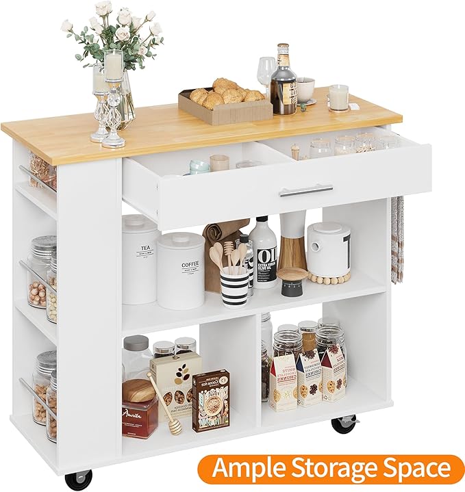 Shintenchi Kitchen Island on Wheels with Storage, Wheeled Island & Cart with 3-Tier Spice Rack, 3 Open Shelves and 1 Drawer, White