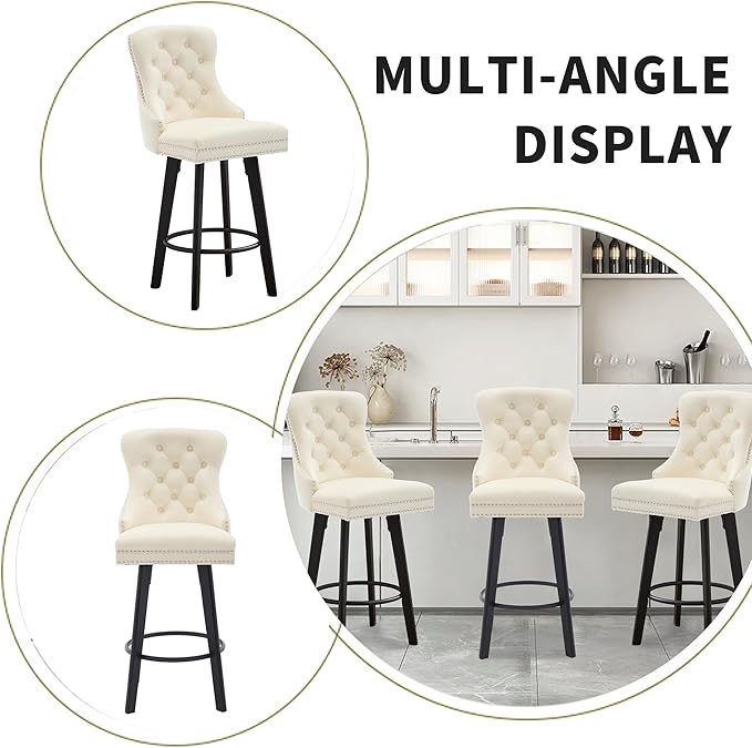 YISHENG Modern Swivel 27" H Seat Velvet Barstools with Backrest and Footrest,Button Tufted Rivet Trim Dining Room Chairs with Metal Pull Ring for Kitchen Island，Bistro, Home Bar，Cream 1PC
