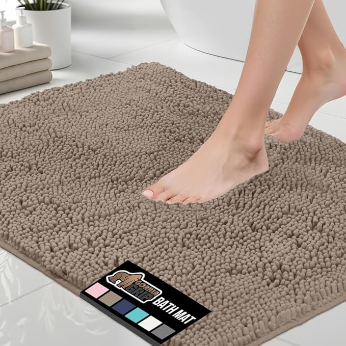 GORILLA GRIP Bath Rug Mat 30x20, Thick Absorbent Chenille, Quick Dry Microfiber Mats, Rubber Backing Washable Shower Floor Rugs, Bathmat Runner, US Designed Bathroom Home Decor Accessories Gray Beige