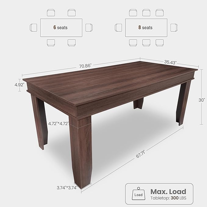Farmhouse Dining Table for 6-8 People, 71" Long Brown Kitchen Tables with Wooden Sturdy Frame, 6 Ft Large Rectangular Dinner Table for Living Room, Kitchen, Dining Room (Brown Red, 71" Non-extendable)