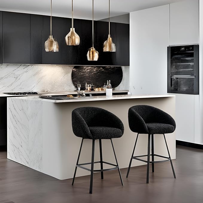 Zesthouse Swivel Counter Height Stools Set of 2, Modern Bar Stools for Kitchen Island, 26'' Black Sherpa Kitchen Counter Height Chairs with Barrel Arms & Backs, Upholstered Fabric Bar Chairs