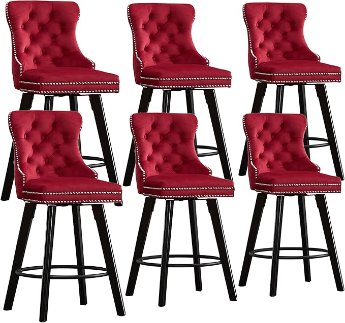 YISHENG Modern Swivel 27" H Seat Set of 6 Velvet Barstools with Backrest and Footrest,Button Tufted Rivet Trim Dining Room Chairs with Metal Pull Ring for Kitchen Island，Bistro, Home Bar，Red
