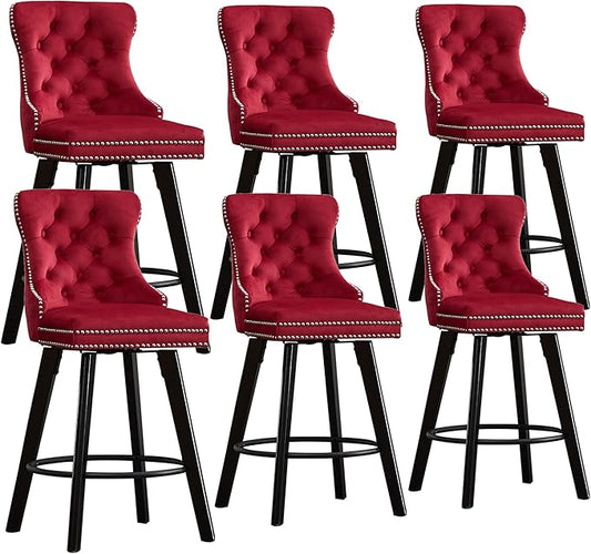 YISHENG Modern Swivel 27" H Seat Set of 6 Velvet Barstools with Backrest and Footrest,Button Tufted Rivet Trim Dining Room Chairs with Metal Pull Ring for Kitchen Island，Bistro, Home Bar，Red