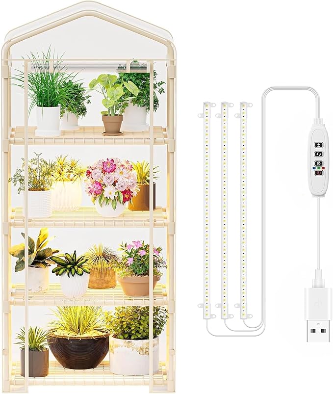 SPECILITE Indoor Greenhouse with Grow Lights - 4 Tiers 27.6"L×19.3"W×61.4"H Outdoor Mini Green House with Zip PVC Cover and Dimmable 45W Full Spectrum Plant Light with Timer for Seed Starting Trays