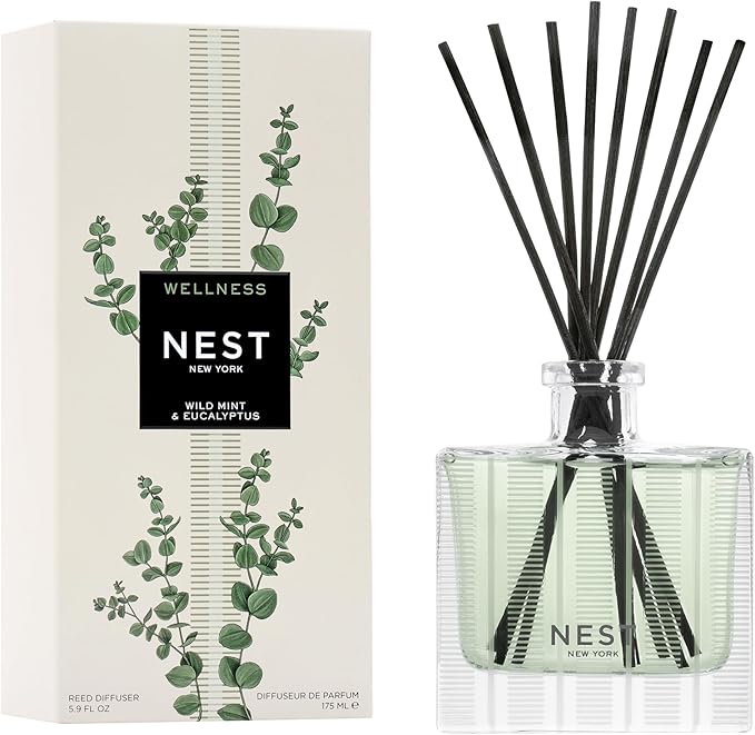 NEST New York Reed Diffuser, Wild Mint & Eucalyptus - 5.9 fl oz - Fragrance for Up to 90 Days - Reusable, Refillable Glass Holder - Includes 8 All-Natural Reed Sticks - Flame Free