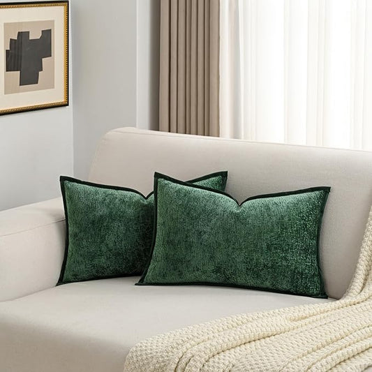 FUTEI Dark Green Chenille Throw Pillow Covers 12x20 Inch Set of 2,Soft Cozy Bound Edge Design Lumbar Pillow Cases,Home Decor for Couch Bed Living Room