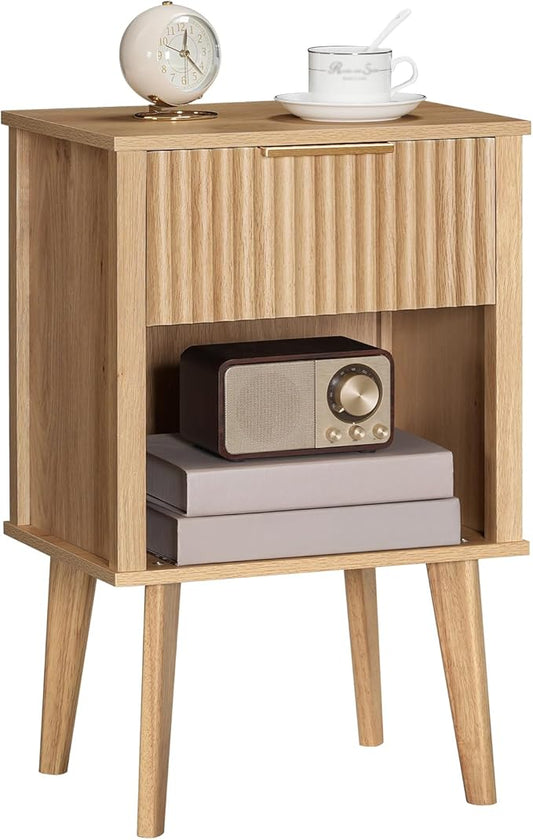 End Table, Fluted Night Stand, Modern Side Table, Bedside Table with 1 Drawer and 1 Open Compartment, Mid Century Nightstand, for Living Room, Bedroom, Study, Office, Natural ETNA6201