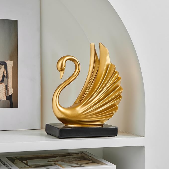 FJS Modern Gold Statue Swan Decor for Living Room, 7.08" H Luxury Sculptures Home Décor Accents for Entryway TV Stand Coffee Table Ceterpiece, Resin Decorations for Dining Room Bedroom Office (Small)