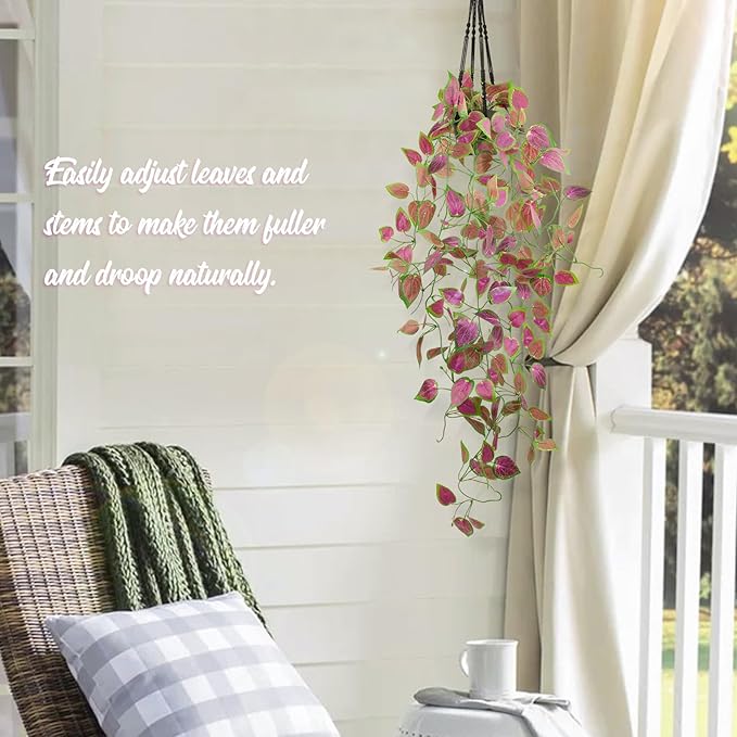 LOYWREE 3 Pack Artificial Purple Ivy Hanging Vine Plants - Small Potted Long Trailing Cascading Foliage, Gothic Home Decor for Indoor/Outdoor, Office, Garden & Shelf (Black Pot Included)