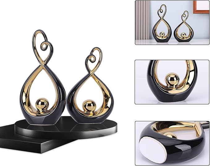 Black Decor Accent, Porcelain Art Mid Century Modern Black and Gold Decorations, Dining Table Objects, Abstract Ceramic Statue Sculpture - for Bookshelf Tv Stand Centerpiece Centro De Mesa