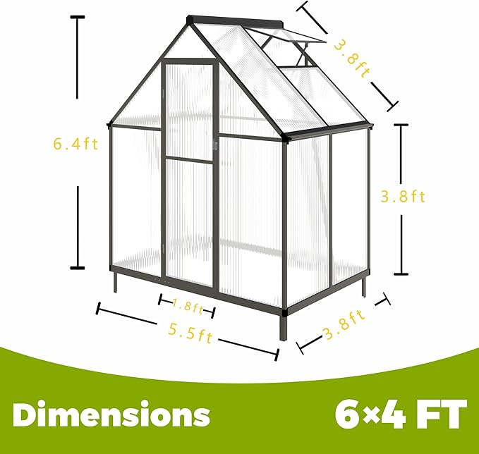 6 x 4 FT Greenhouse for Outdoors,Aluminum Large Walk-in Greenhouse,Dark Gray