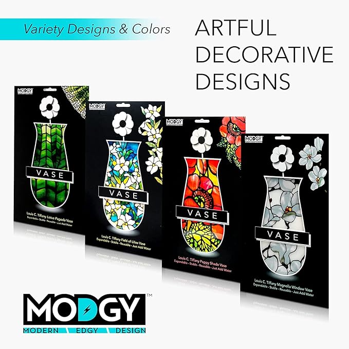 MODGY Expandable Flower Vase Set, Plastic Decorative Modern Foldable Printed Vases for Centerpieces for Wedding, Dining Table, Home Decor, Living Room, Bathroom, Office, Louis C. Tiffany, 4 Pack