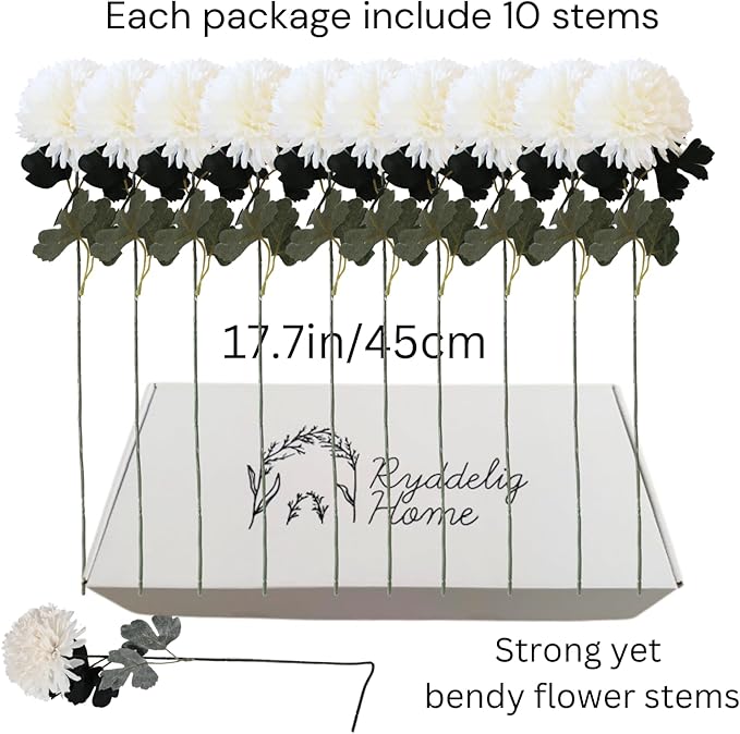 Large Faux Kiku Flower White - 10 Stems, Bulk Silk Flowers For Home Decor Indoor, Realistic Artificial Flowers, Fake White Flowers, Real Touch Flowers, Flores Artificiales Para Centro De Mesa