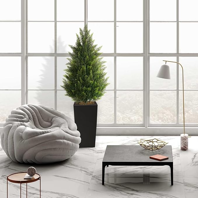 4FT Tall 2 Set Artificial Topiary Cedar Tree, Indoor Realistic Faux Cypress Plants with Square Flowerpot, Outdoor Evergreen Fake Shrubs for Home Living Room Front Porch Decor