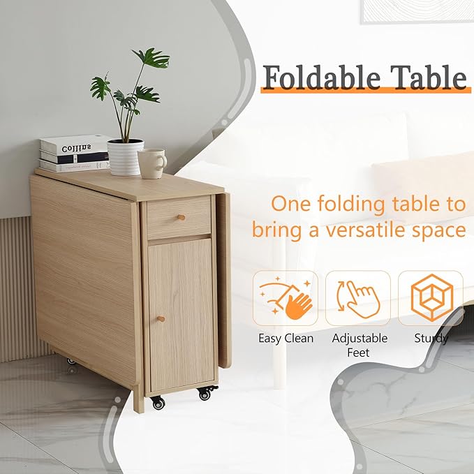 Extendable Drop Leaf Folding Dining Table with 2 Drawers and 4 Wheels for Living Room Kitchen Farmhouse Space Saving Table in Wood Color