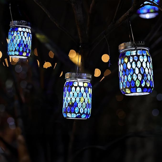 Cooo 4 Pack Mosaic Lanterns Outdoor Waterproof with 215% Larger Solar Panel, Never Rust Lids, True Capacity Battery- Solar Mason Mosaics Jar Lantern for Patio Garden Yard Balcony Hanging or Table