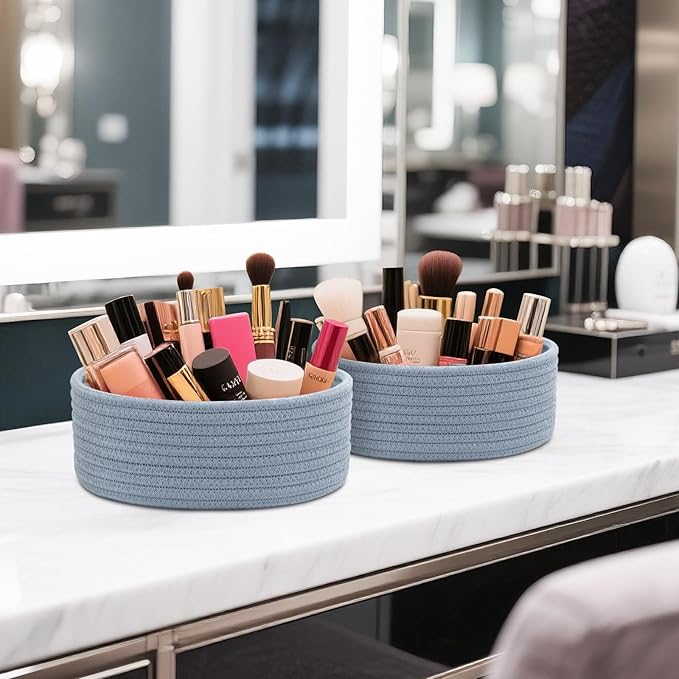 Small Shelf Storage Baskets for Organizing, 6 Pack Round Cotton Rope Bins, Decorative and Cute Woven Baskets for Bedroom and Closet, Key Tray Bowl, Home Decor Countertop Organizer (Blue)