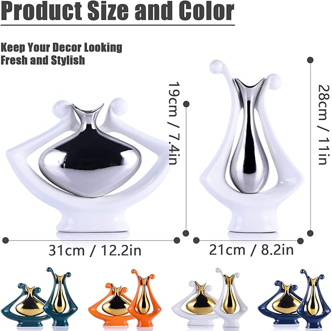 White Silver Abstract Art Ceramic Vases for Home Décor Accent,Nordic Modern Minimalist Vases for Flowers,Shelf,Table Centerpieces,Bookshelf,Fireplace Mantle,Rustic,Wedding,Mid Century Décor