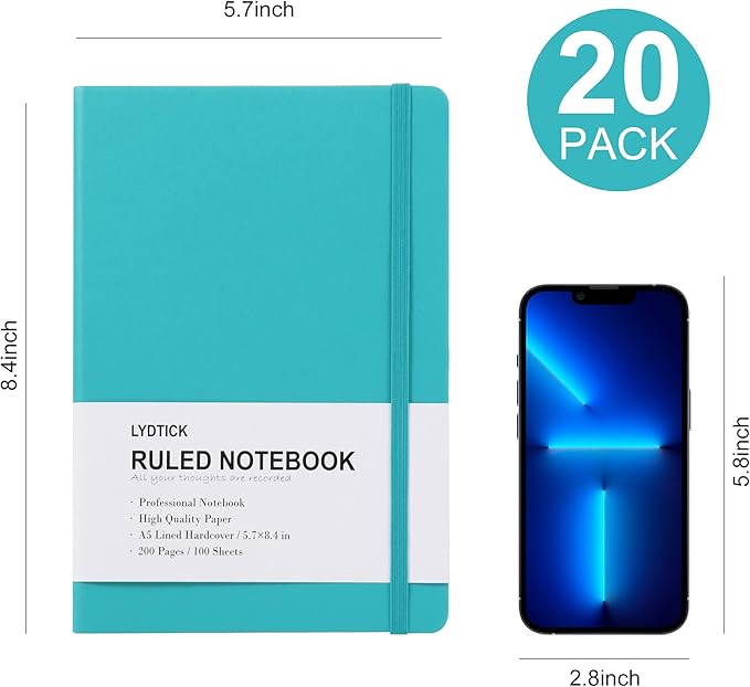 20 Pack Journals for Writing College Ruled Notebooks Journal in Bulk, Hardcover Notebooks (200Pages) for Note Talking, Lined Bullet Journals for Home School Office, 5.7"x8.4", Emerald