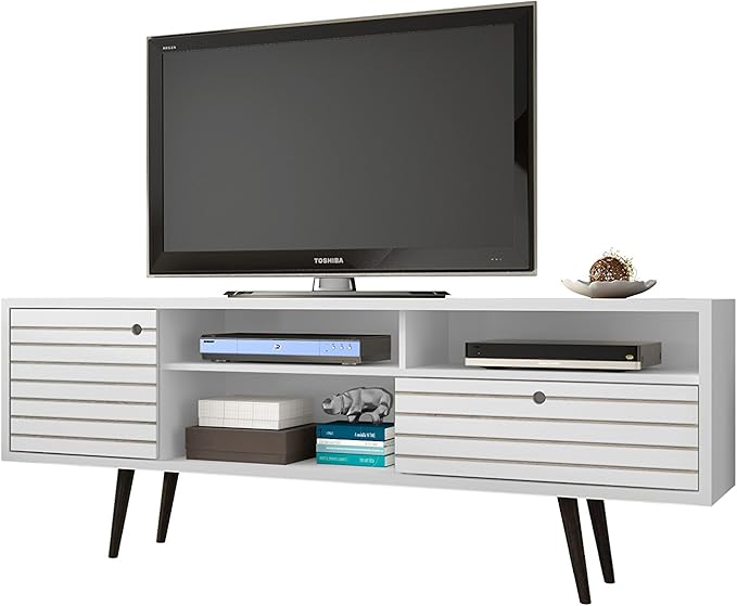 Manhattan Comfort Liberty Mid Century Modern TV Stand for Televisions up to 65 Inches, Bedroom and Living Room Entertainment Center with Storage, Shelves, and Cabinet, 71" Wide, White
