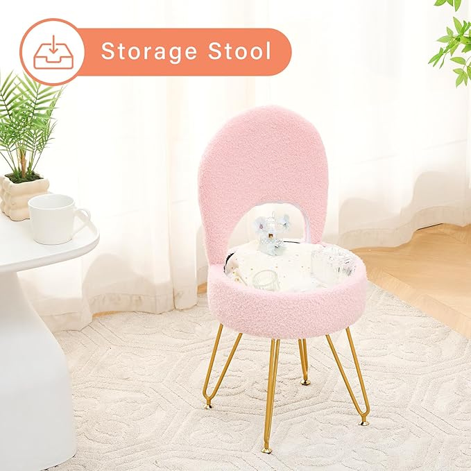Storage Ottoman Vanity Stool Chair with Folding Back Teddy Velvet Makeup Chair Multifunctional Upholstered Footstool,4 Metal Legs with Anti-Slip Feet for Bedroom Living Room Entryway