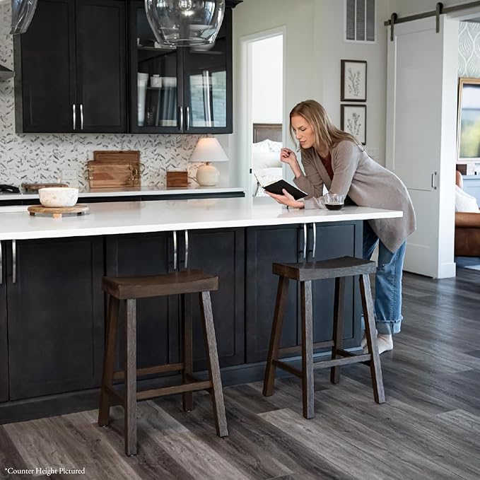 Maven Lane Kitchen Bar Stool, Modern Farmhouse Wood Barstool, Kitchen Island Chairs, Pub Bar Height Stools For Kitchen, Wide Comfortable Seat Backless Bar Stools, Vincent 31 Inch, Antiqued Brown