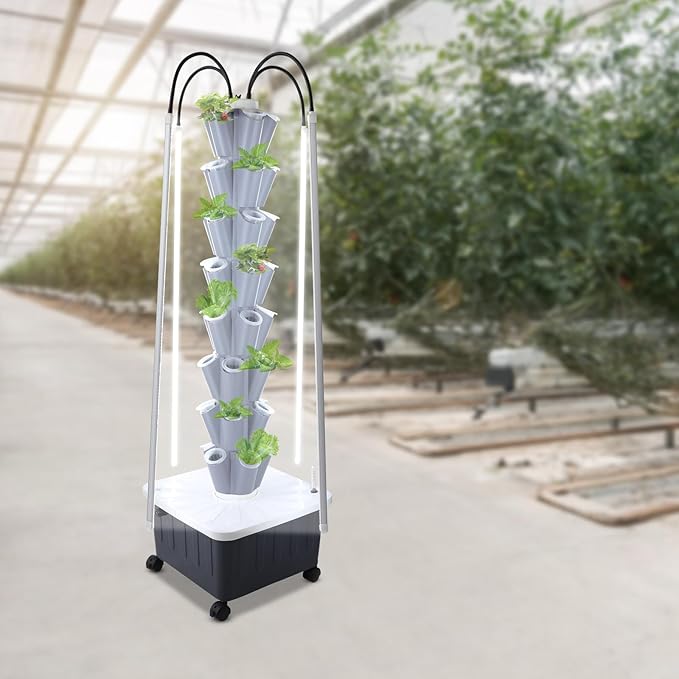 Hydroponic Growing Tower with Grow Lights, 40 Holes Vertical Planter Tower Hydroponics Growing System Kit with Wheels, for Fruits, Vegetables, Herbs and Miniature Greens (Gray)