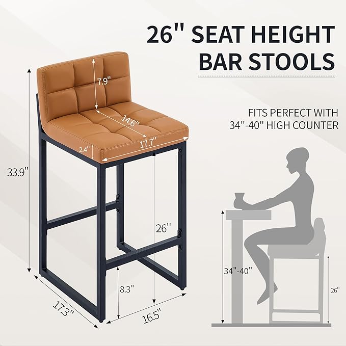 Bar Height Stools Set of 4, PU Leather Barstools Modern Counter Stools with Back and Thickened Metal Legs, Bar Chairs for Kitchen Island (Caramel Brown, 4Pcs 26" Bar Stools)