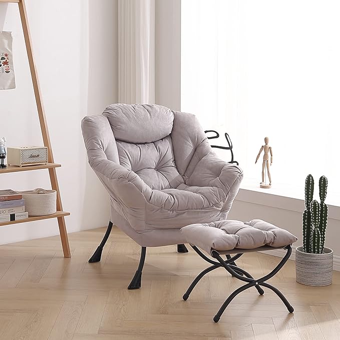 Welnow Lazy Chair with Ottoman, Modern Lounge Accent Chair with Armrests and a Side Pocket, Leisure Sofa Armchair, Reading Armchair with Footrest for Small Space, Light Grey
