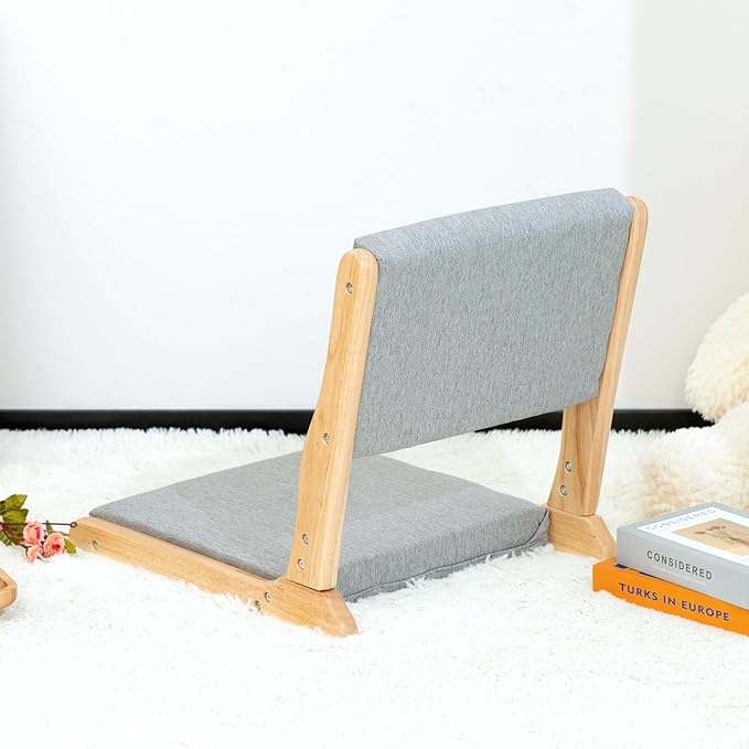 HollyHOME Foldable Japanese Style Floor Chair with Back Support, Wood Legless Tatami Chair with Cushion, Accent Meditation Seat for Bay Window, Living Room, Bedroom, Light Grey