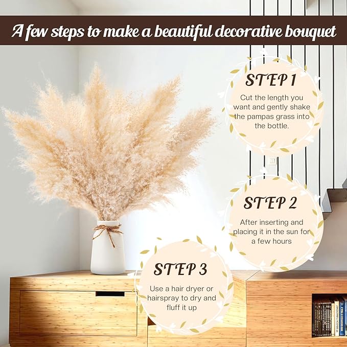 12 PCS 17inch Pampas Grass Decor-Natural Pompas Grass Floral-Short Fluffy Pampas Grass Bulk Flower for Small Boho vases,Boho Table Decor,Boho Bathroom Decor,Boho Room Decor