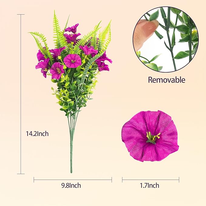 Artificial Flowers Outdoors 12 Bundles Artificial Petunias Fake Flowers UV Resistant Shrubs Plants with Fern for Indoor Outside Hanging Planters Home Garden Summer Decorations (Magenta)