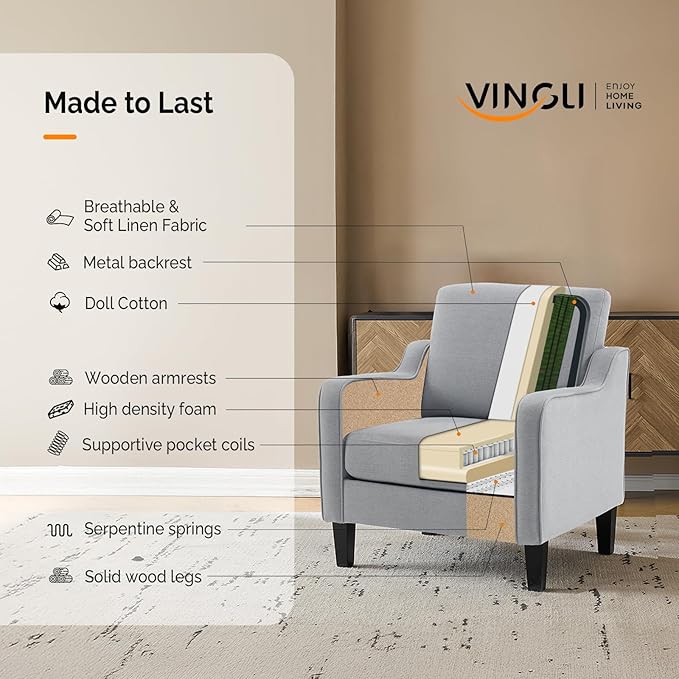 VINGLI Mid Century Modern Accent Chair,Light Grey Fabric Chairs for Living Room Upholstered Armchair with Scooped Arms for Bedroom,Apartment,Studio,Office,Waiting Room