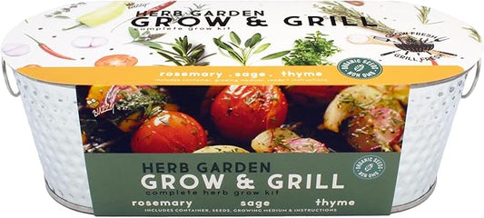 BUZZY Seeds Rosemary, Dill, and Thyme Grow & Grill Herb Kit, Indoor Seed Starter with Decorative Hammered Metal Windowsill Planter and Growing Medium - Easy Gardening Gift for Cooks & Beginners