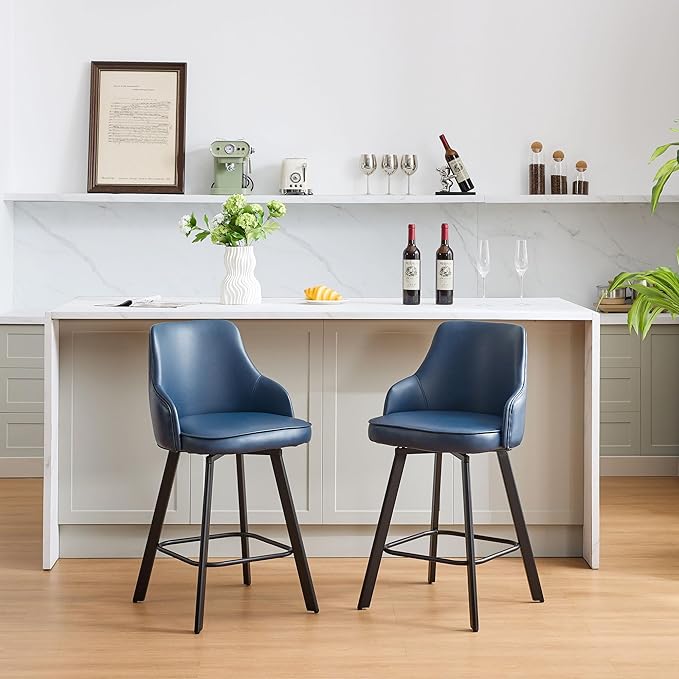 Bar Stools Set of 2, 26" Swivel Counter Height Bar stools with High Back, Faux Leather Kitchen Barstools Counter Height for Kitchen Island (Navy Blue, 2PCS 26" Counter Stools)