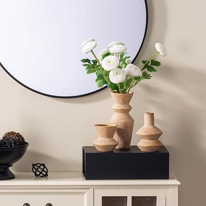 Ceramic Vase Home Table Decor - Gold Flower Vase Set of 3 Living Room Kitchen Decorations Farmhouse Modern Rustic Vases Decorative Centerpiece for Shelf Bedroom Office Bathroom Dining Coffee Desk