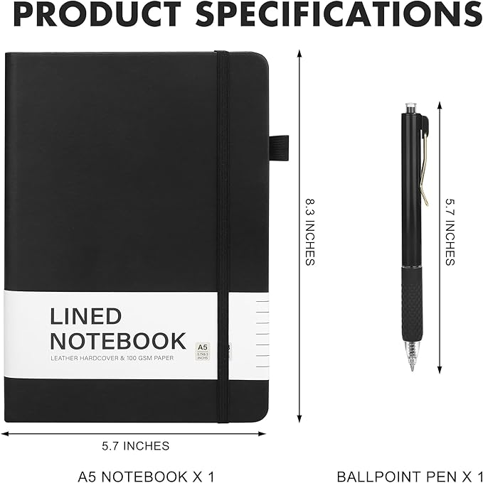 Aodaer Lined Notebook Journal with Pen A5 Notebooks 100 GSM College Ruled Hardcover Notebook PU Leather Notepad with Pen Holder for Office School, 5.7 x 8.3 Inches, Black