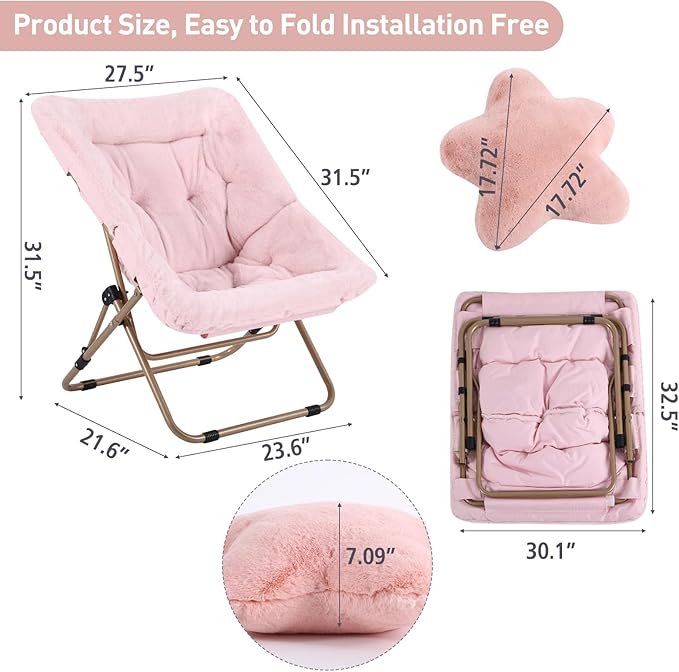 Welnow Comfy Saucer Chair, Oversized Folding Reading Chair for Adults with Throw Pillow Soft Faux Fur Lounge Chair for Bedroom Furry Accent Chair for Living Room, Dorm Rooms, Pink